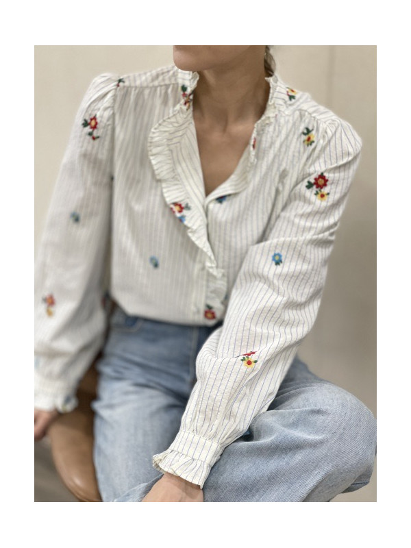 Chemise rayée fleurs brodées col froncé