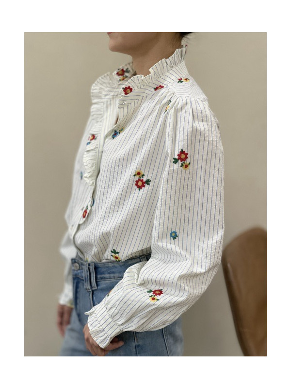 Chemise rayée fleurs brodées col froncé