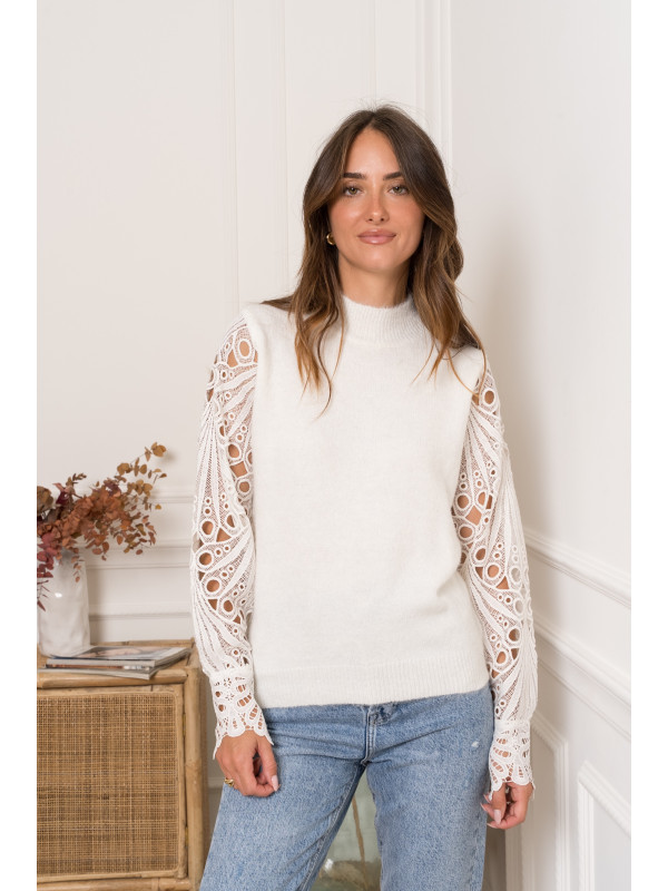 Pull col montant manches longues en guipure
