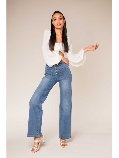 Jean flare stretch taille haute poches plaquées