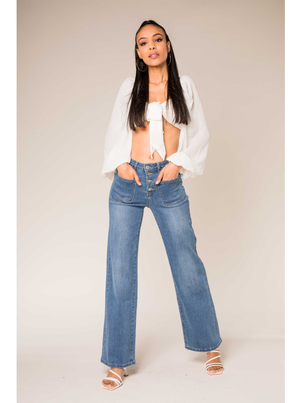 Jean flare stretch taille haute poches plaquées