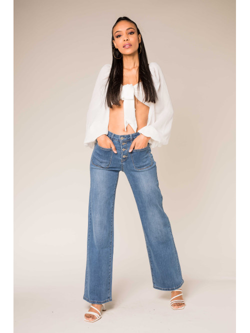 Jean flare stretch taille haute poches plaquées