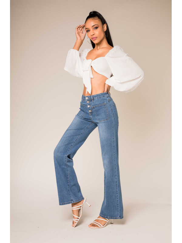 Jean flare stretch taille haute poches plaquées