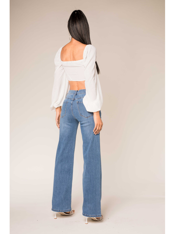Jean flare stretch taille haute poches plaquées