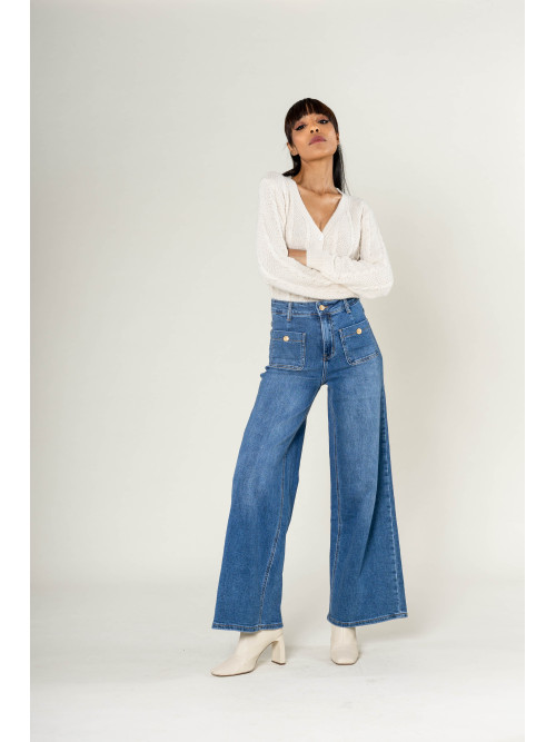 Jean coupe wide leg large poches plaquées