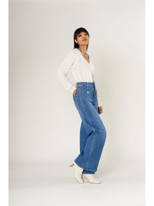Jean coupe wide leg large poches plaquées
