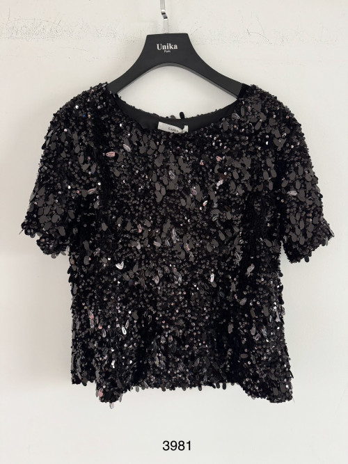 Top velours et sequins manches courtes