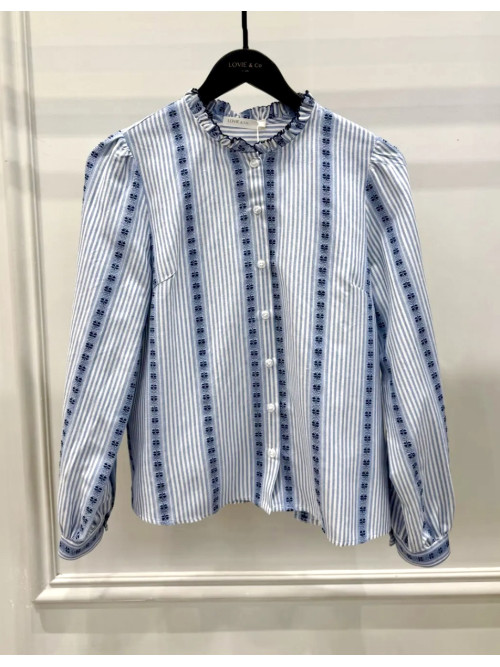 Chemise rayée et brodée col froncé