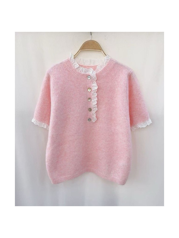 Pull dentelle col, boutonnière et manches courtes