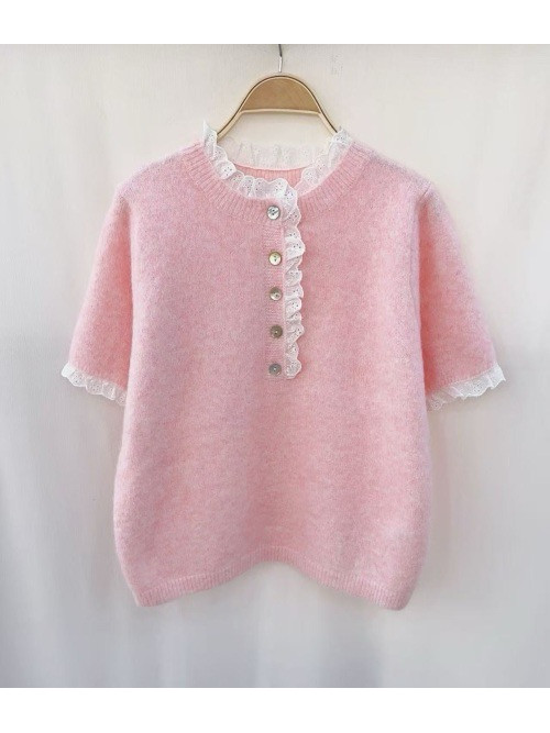 Pull dentelle col, boutonnière et manches courtes