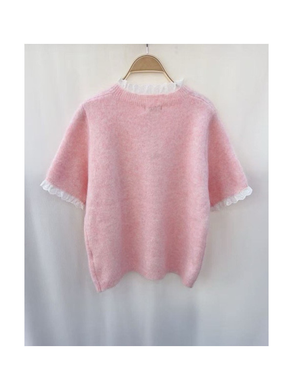 Pull dentelle col, boutonnière et manches courtes