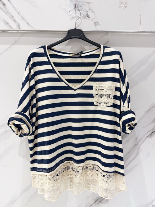 Top marinière oversized col V bas crochet