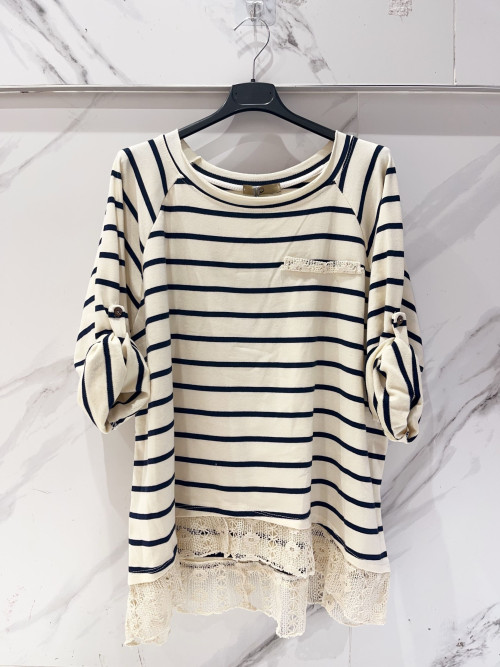 Top marinière oversized col bateau bas crochet