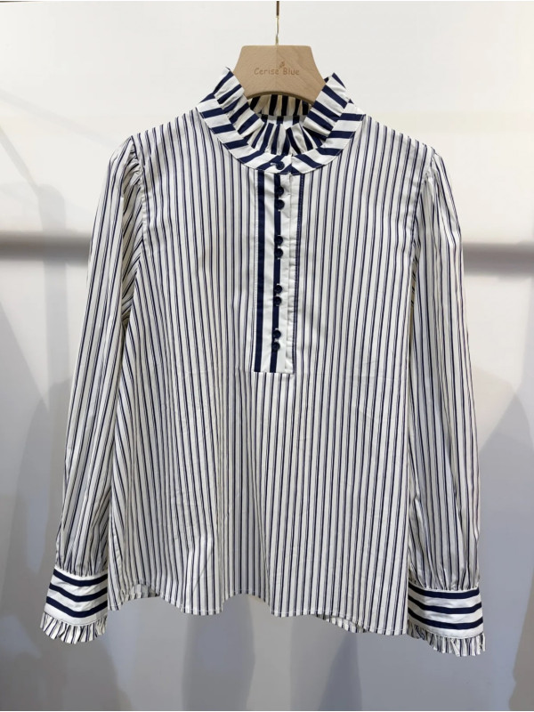 Blouse rayures contrastées col volanté