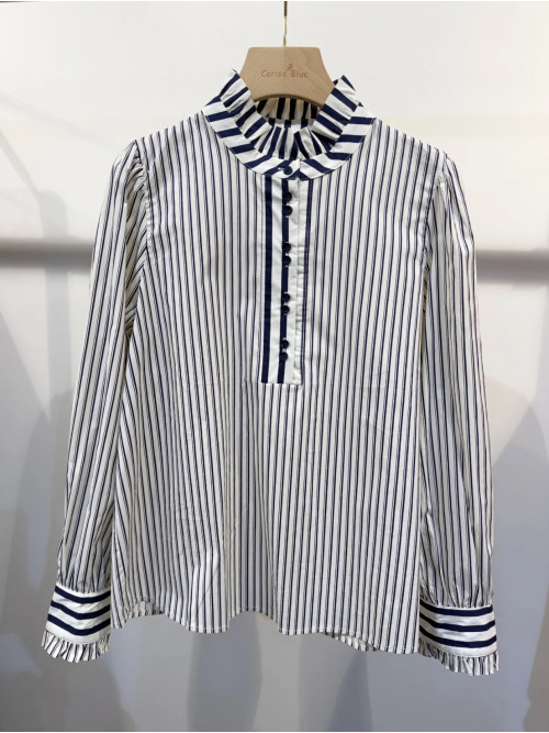 Blouse rayures contrastées col volanté