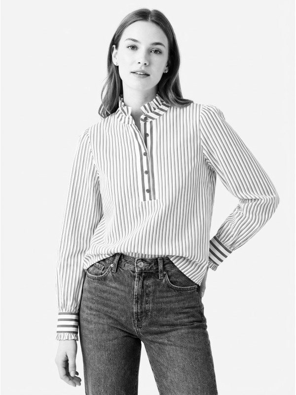 Blouse rayures contrastées col volanté