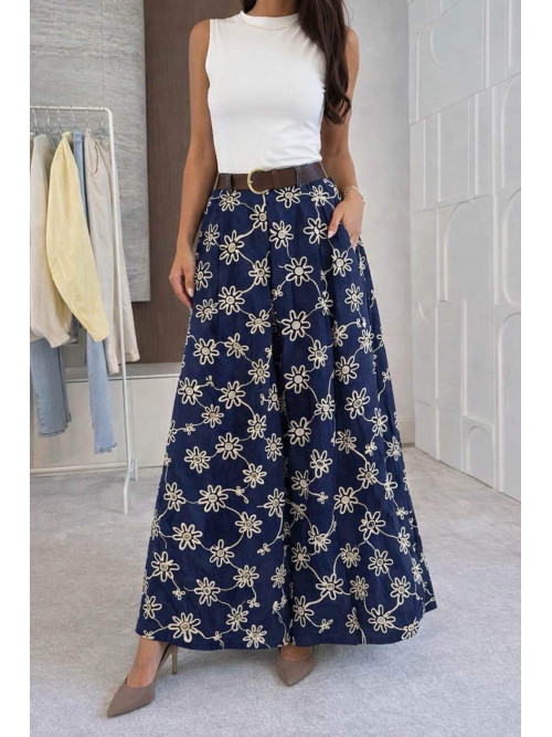 Pantalon brodé fleurs large façon jupe-culotte