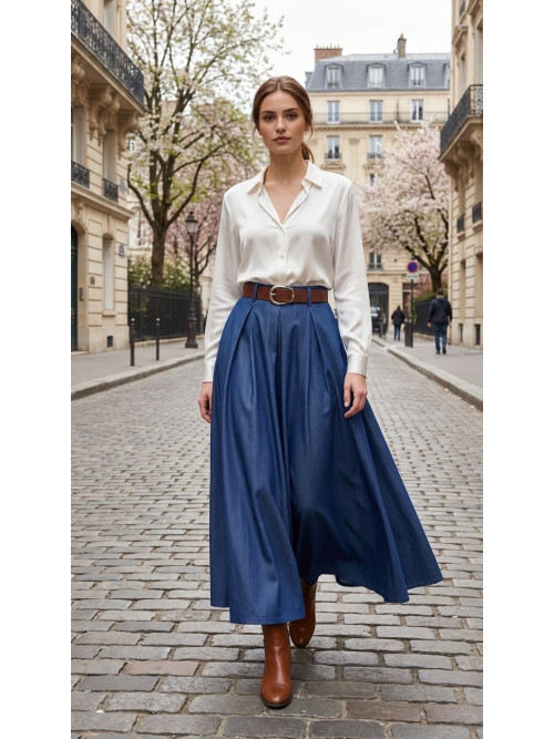 Jupe longue évasée et fluide en chambray