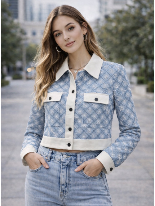Veste jean brodé sequins et simili cuir