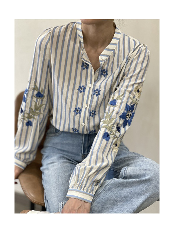 Chemise rayée manches longues brodées