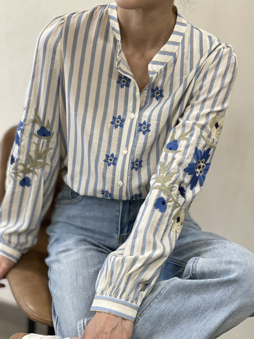Chemise rayée manches longues brodées