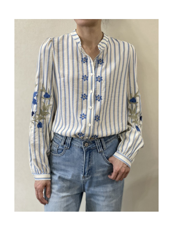Chemise rayée manches longues brodées