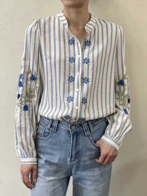 Chemise rayée manches longues brodées