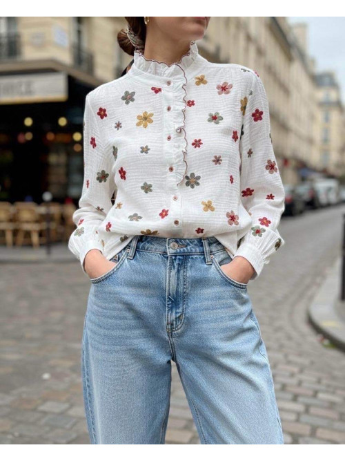 Chemise col frou-frou fleurs brodées multicolores