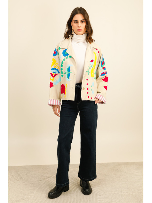 Veste toile broderies multicolores