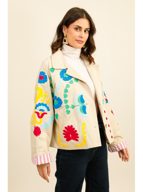Veste toile broderies multicolores