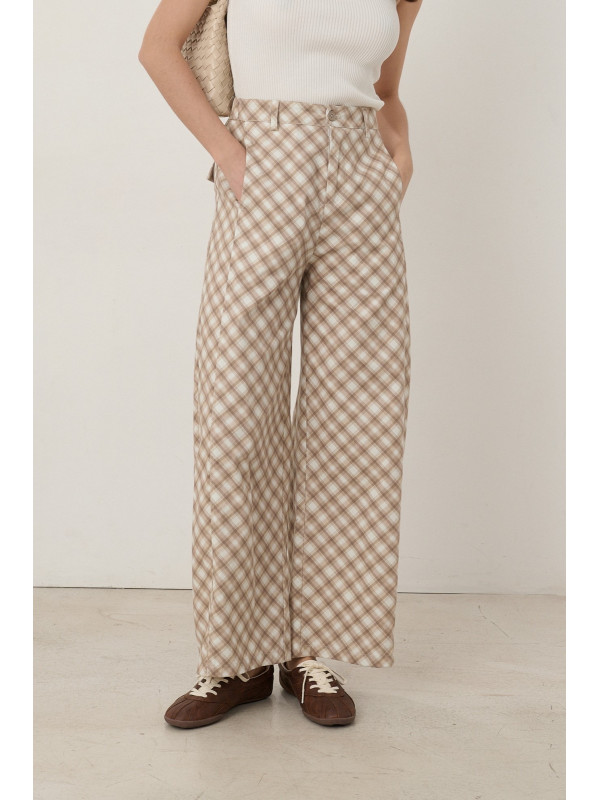 Pantalon wide leg taille haute à carreaux