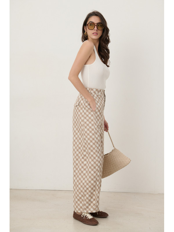 Pantalon wide leg taille haute à carreaux