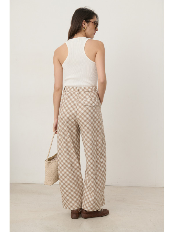 Pantalon wide leg taille haute à carreaux