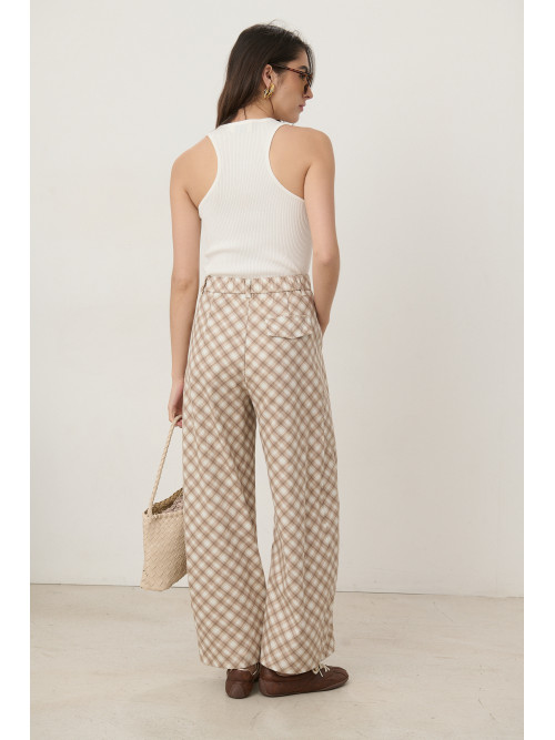 Pantalon wide leg taille haute à carreaux
