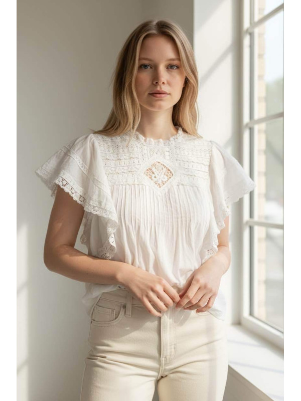 Blouse esprit victorien manches courtes volantées