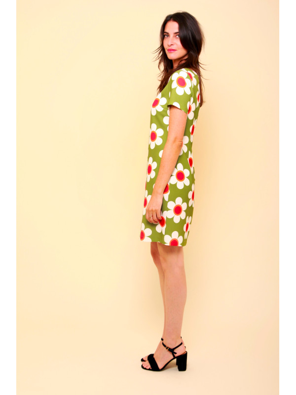 Robe rétro 70's fleurie col rond manches courtes Hippocampe