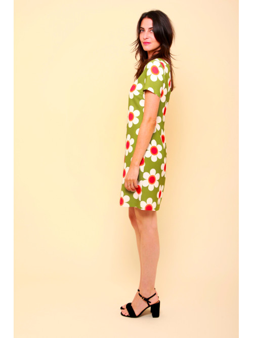 Robe rétro 70's fleurie col rond manches courtes Hippocampe