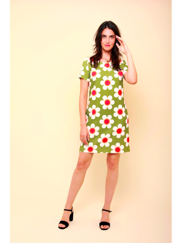 Robe rétro 70's fleurie col rond manches courtes Hippocampe