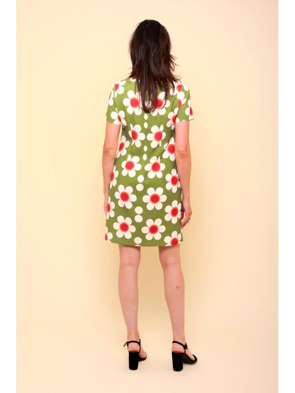 Robe rétro 70's fleurie col rond manches courtes Hippocampe