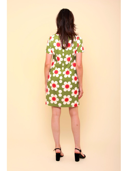 Robe rétro 70's fleurie col rond manches courtes Hippocampe