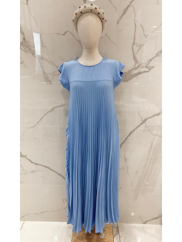 Robe longue plissée col rond manches courtes