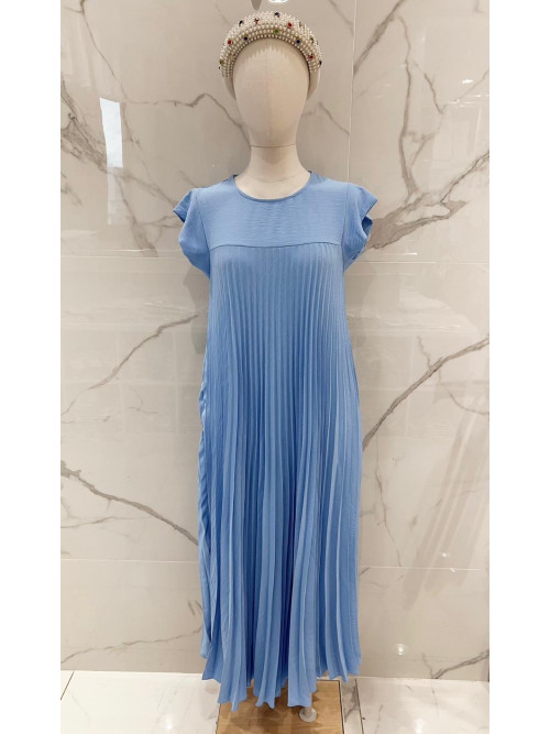 Robe longue plissée col rond manches courtes