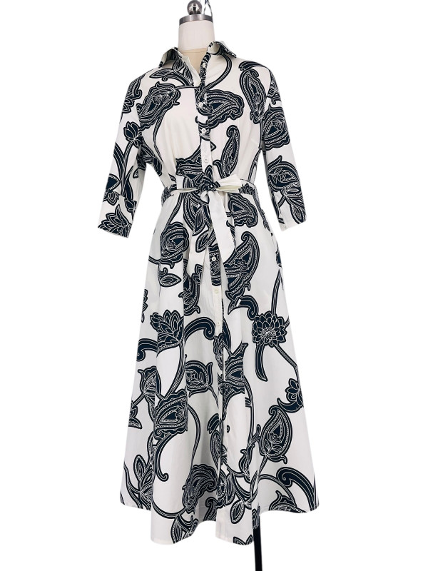 Robe chemise longue imprimée manches 3/4