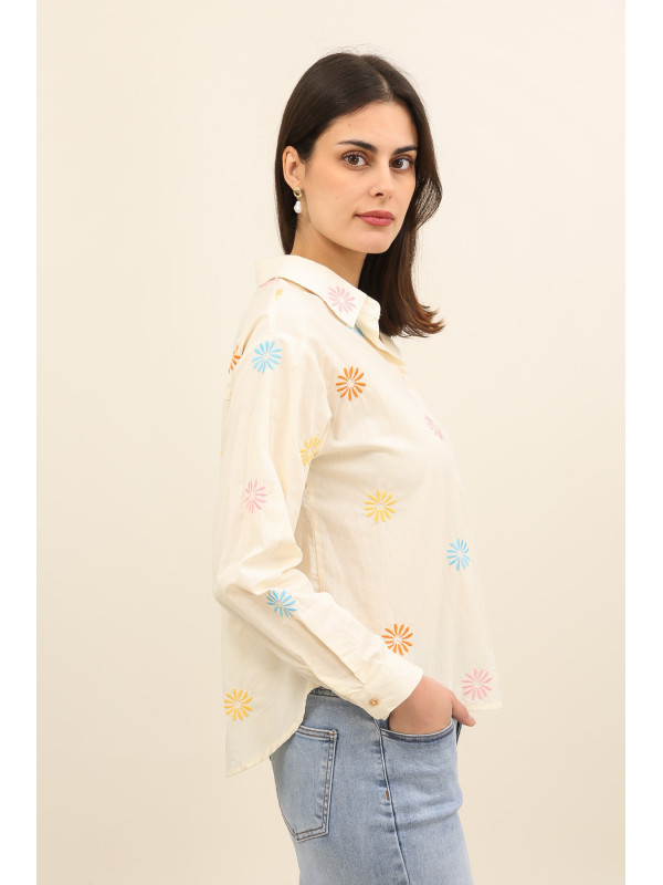 Chemise coton avec fleurs brodées multicolores