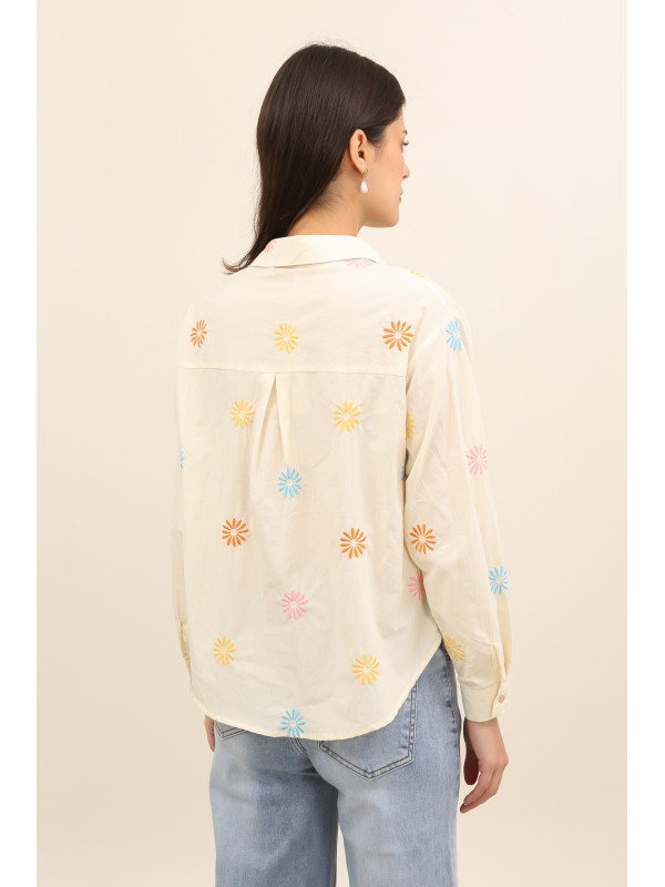 Chemise coton avec fleurs brodées multicolores
