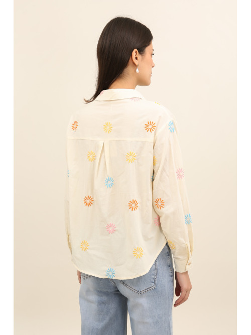 Chemise coton avec fleurs brodées multicolores