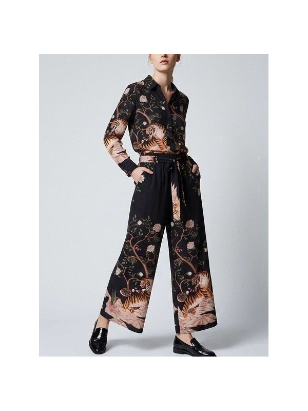 Pantalon large et fluide imprimé floral et tigres