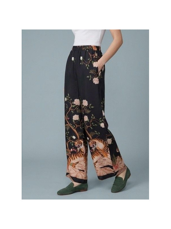 Pantalon large et fluide imprimé floral et tigres