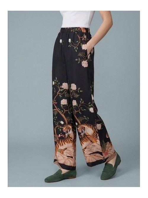 Pantalon large et fluide imprimé floral et tigres