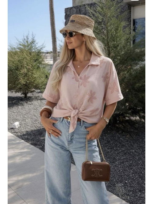 Blouse unie brodée manches courtes